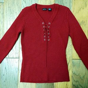 Moda International Deep Red Knit Lace Up Sweater